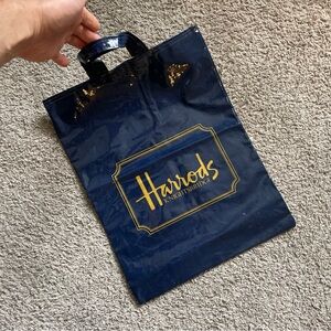 Harrods Vinyl Tote Bag Large Blue & Gold 18.5" x 14.25" Made in UK